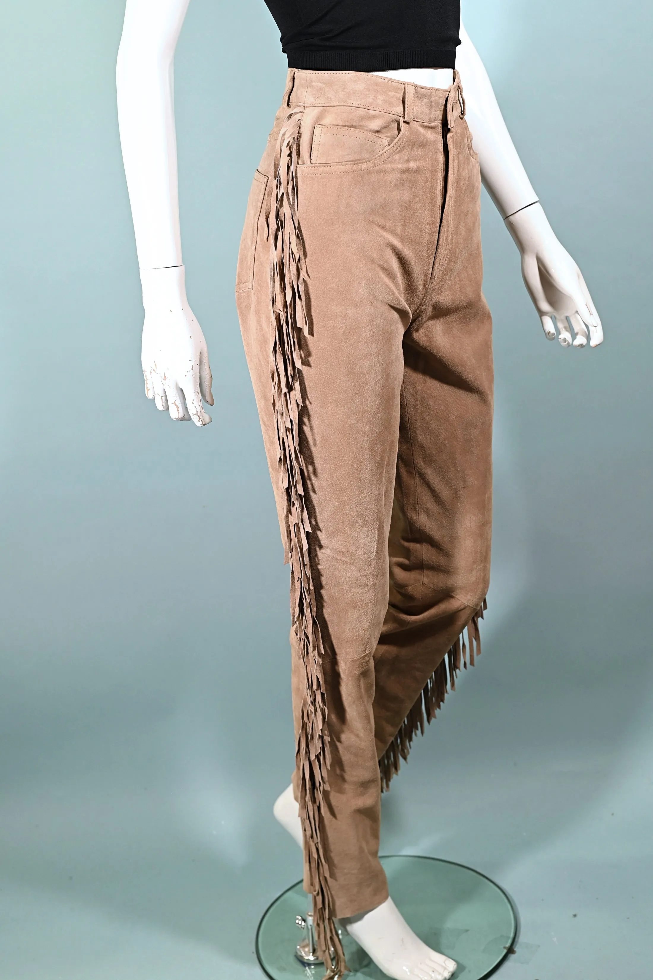 SOLD Vintage Tan Suede Fringe Pants, Hippie Southwestern Jeans XS