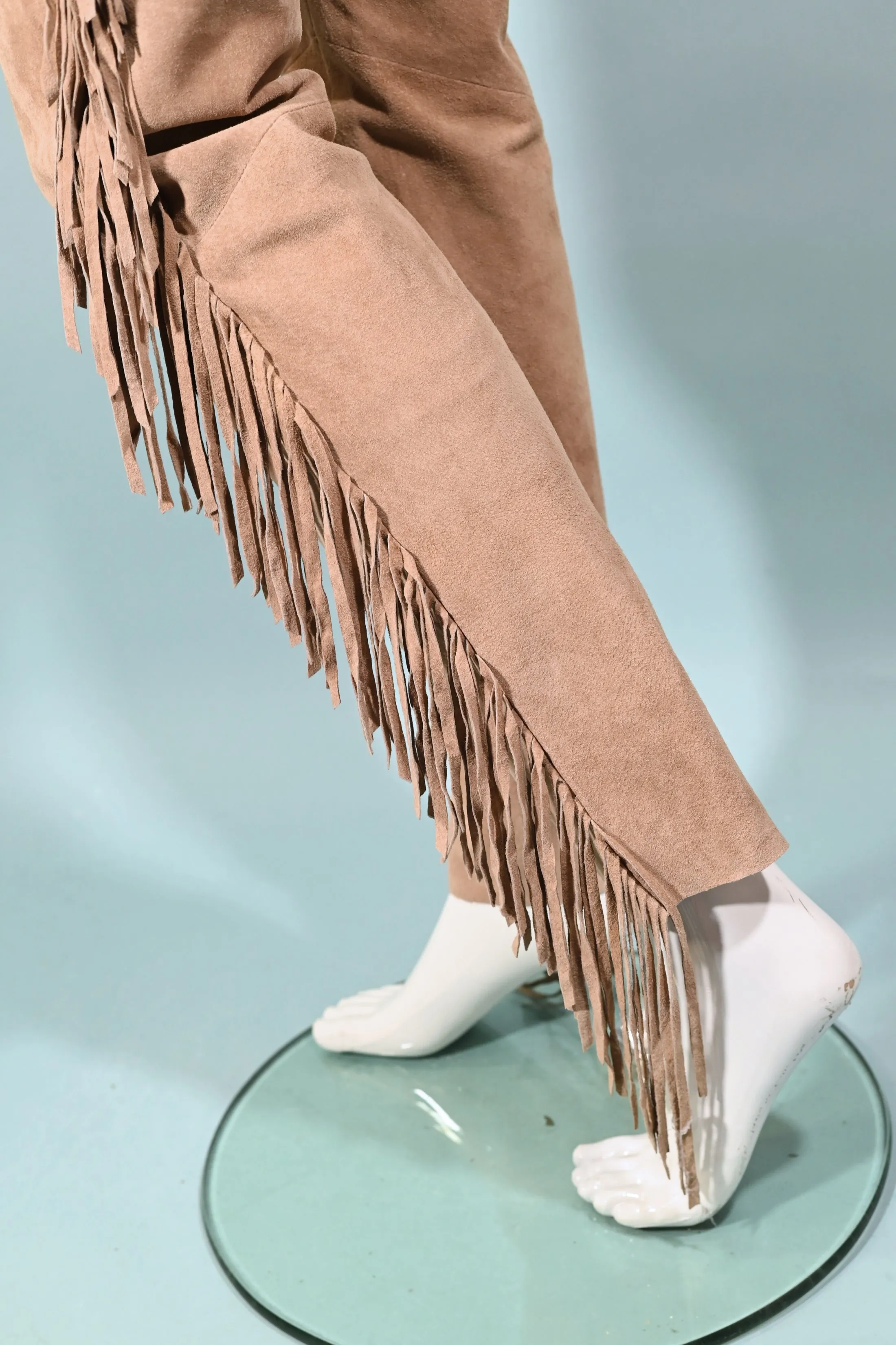 SOLD Vintage Tan Suede Fringe Pants, Hippie Southwestern Jeans XS