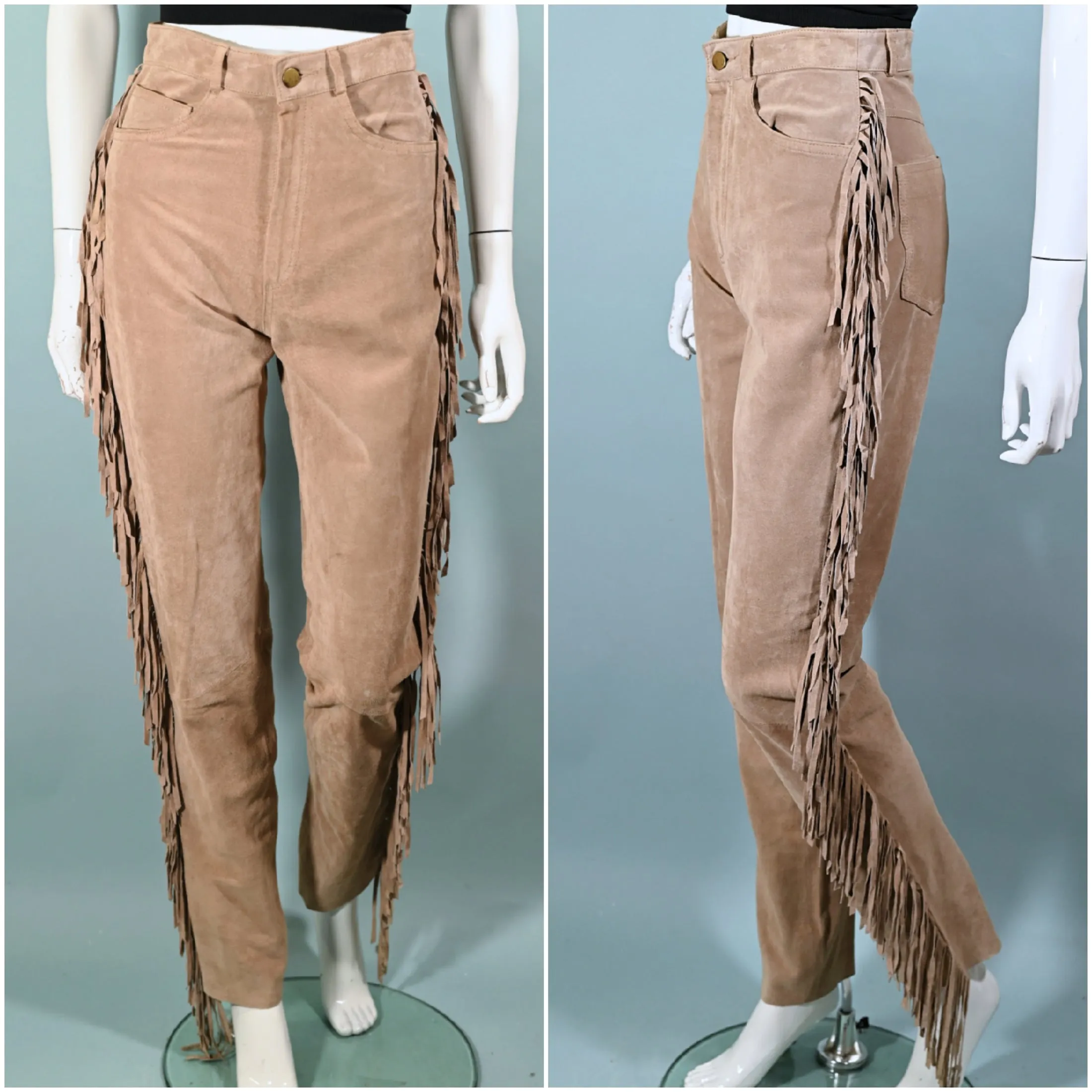 SOLD Vintage Tan Suede Fringe Pants, Hippie Southwestern Jeans XS