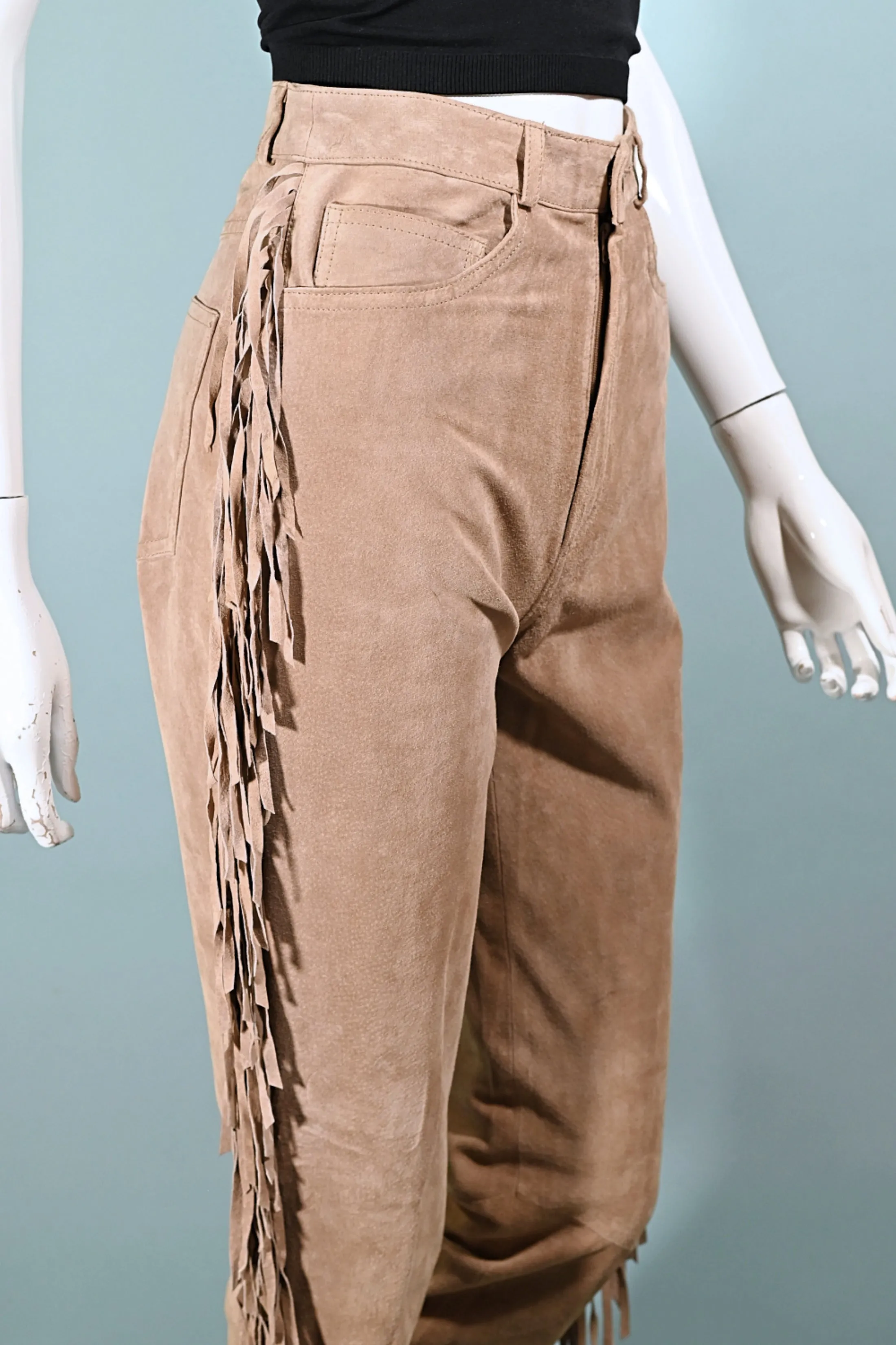 SOLD Vintage Tan Suede Fringe Pants, Hippie Southwestern Jeans XS