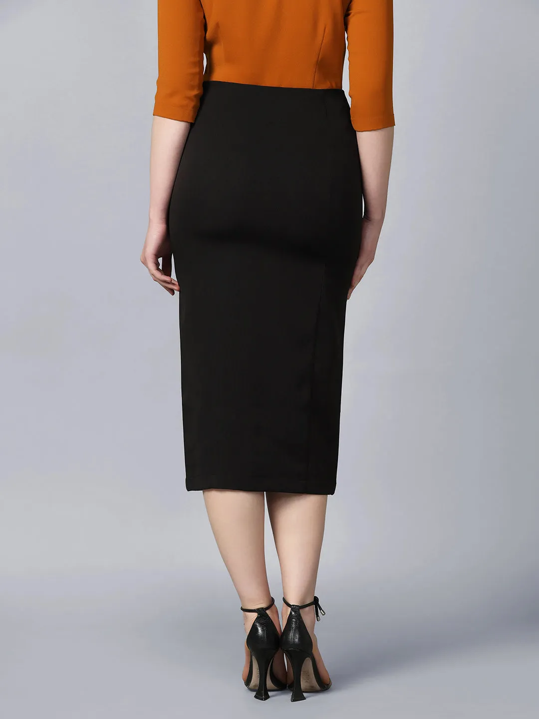 Straight Fit Stretch Longline Button Detail Skirt-Black