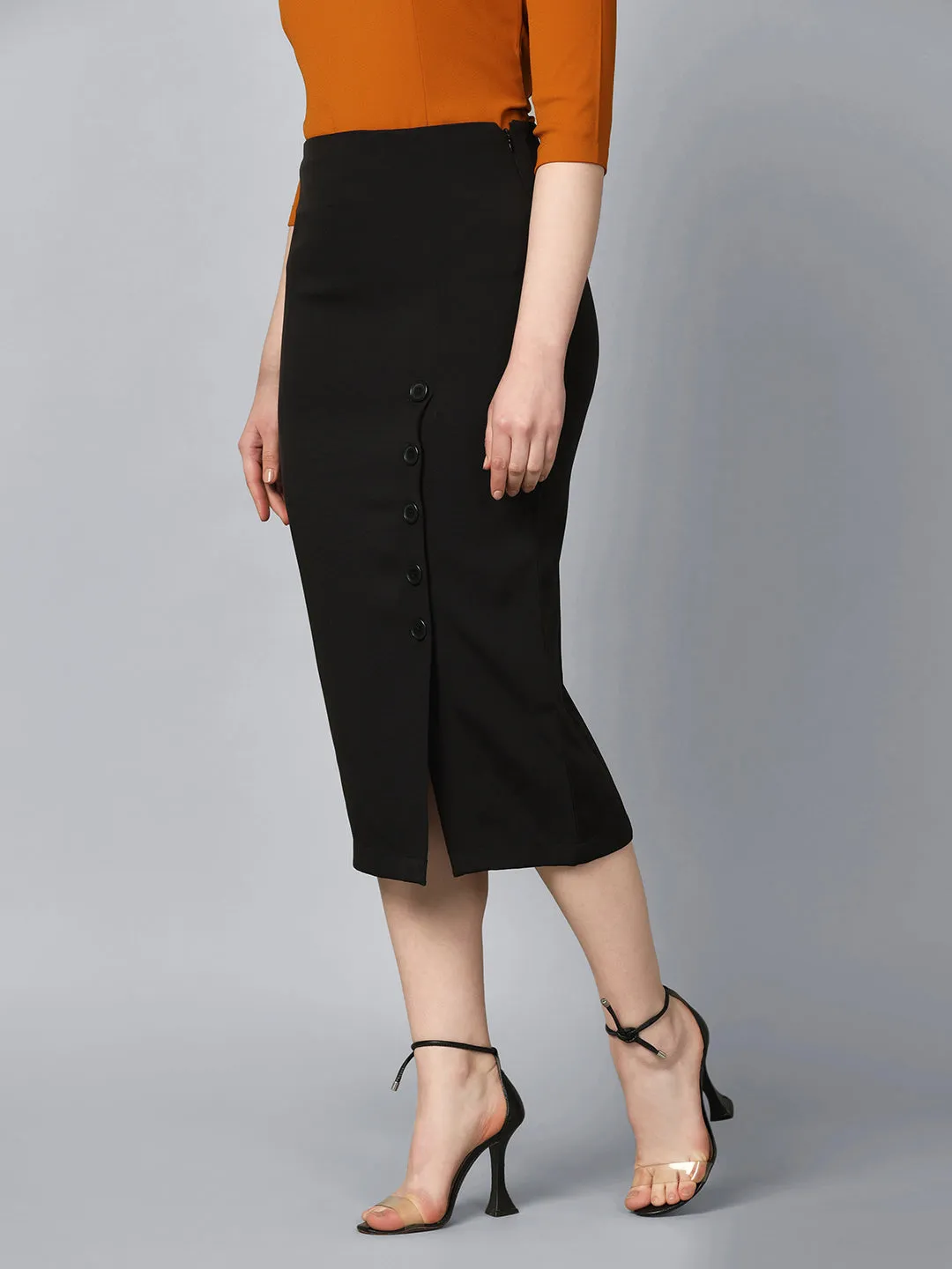 Straight Fit Stretch Longline Button Detail Skirt-Black