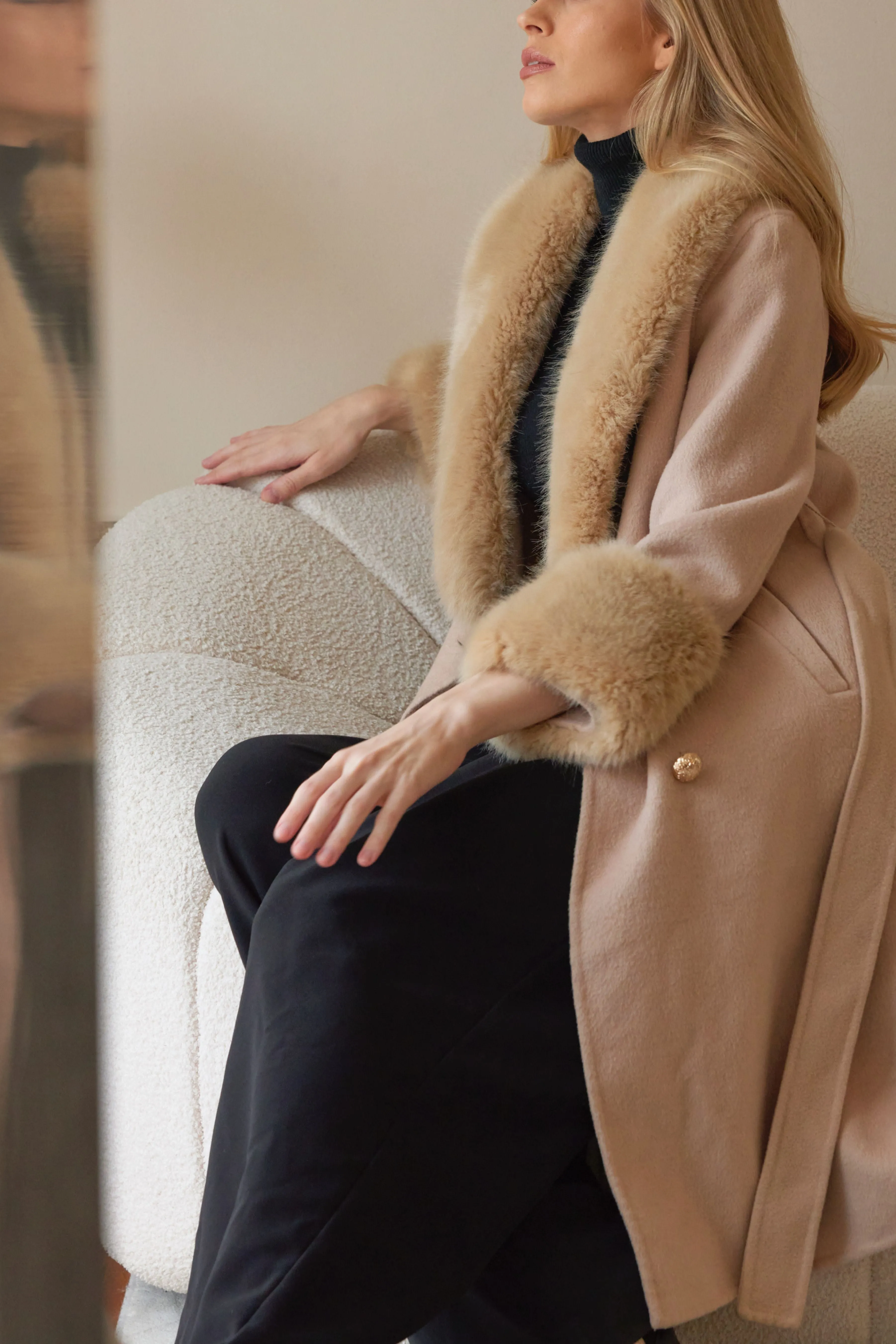 Taupe Cashmere Faux Fur Coat