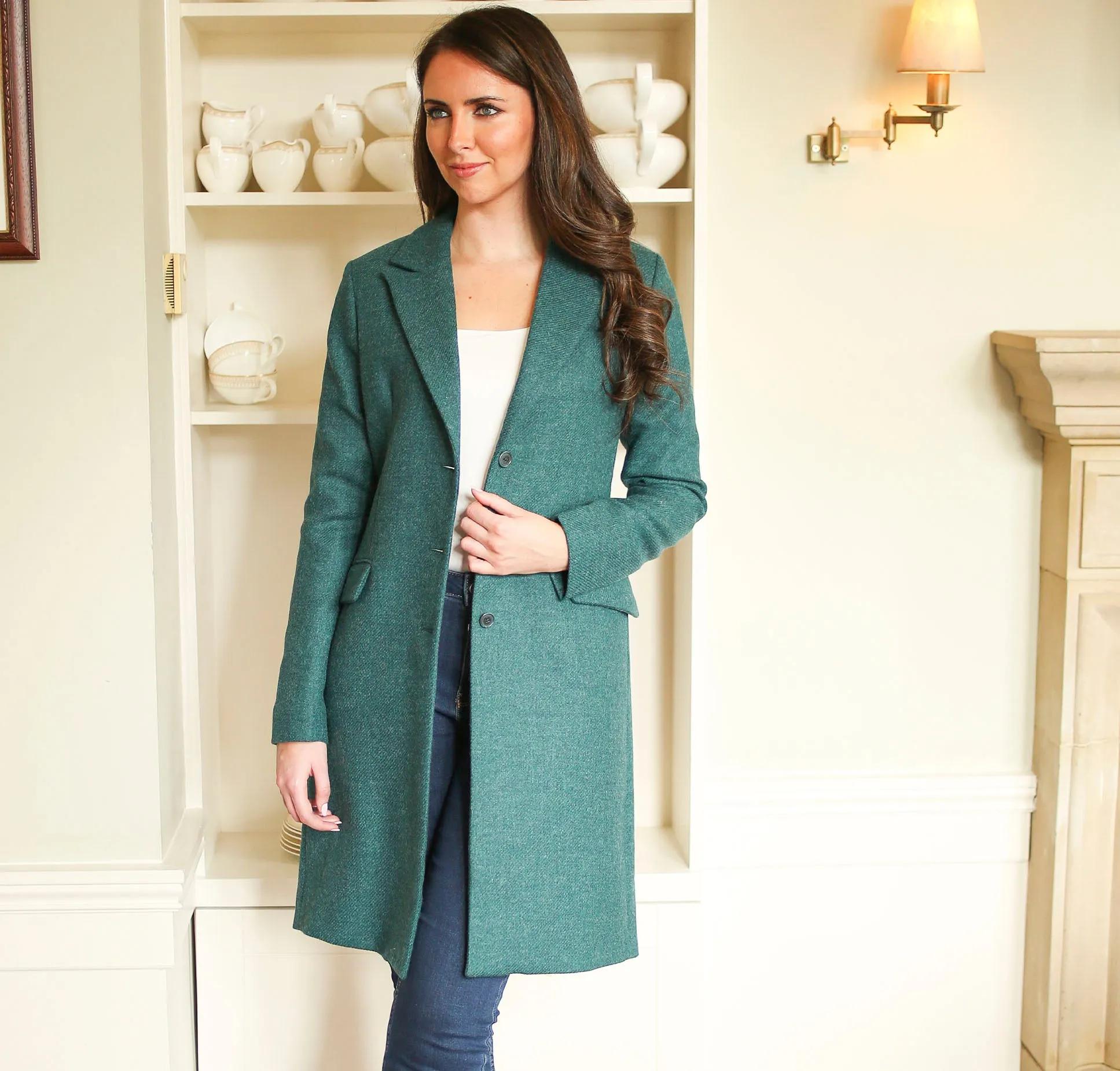 Teal Aisling Donegal Tweed Knee Coat