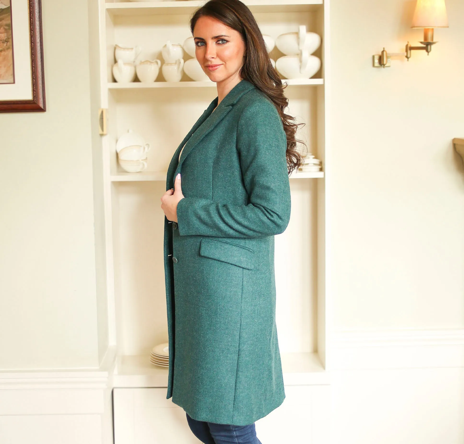 Teal Aisling Donegal Tweed Knee Coat