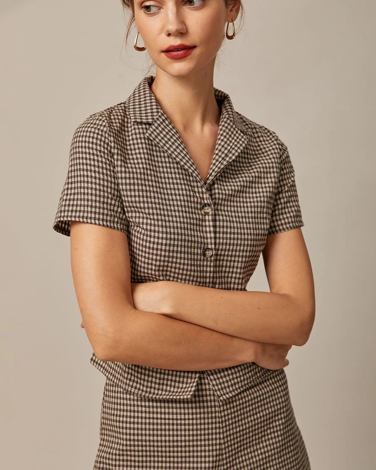 The Brown Lapel Plaid Short Sleeve Blouse