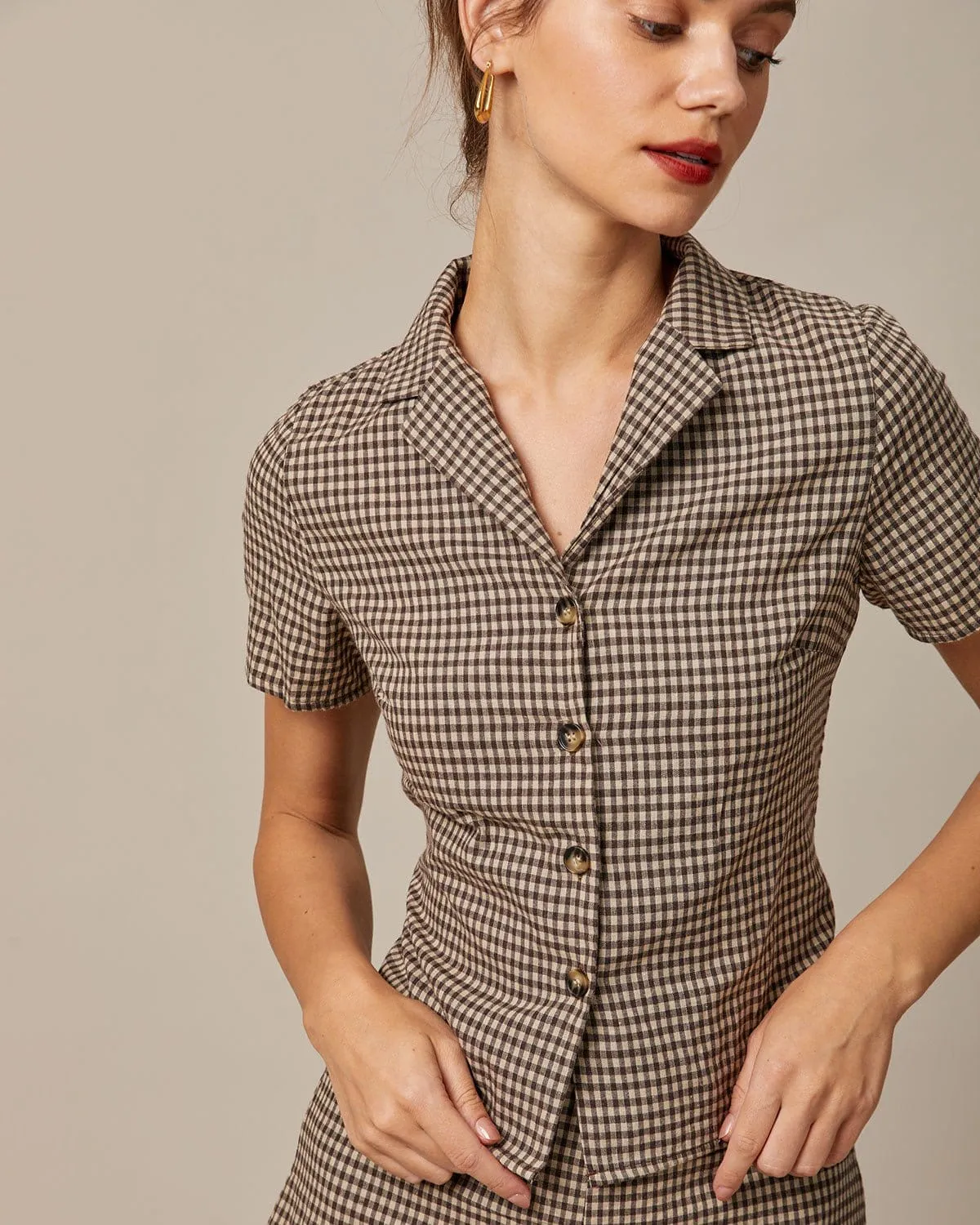 The Brown Lapel Plaid Short Sleeve Blouse