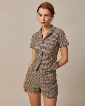 The Brown Lapel Plaid Short Sleeve Blouse