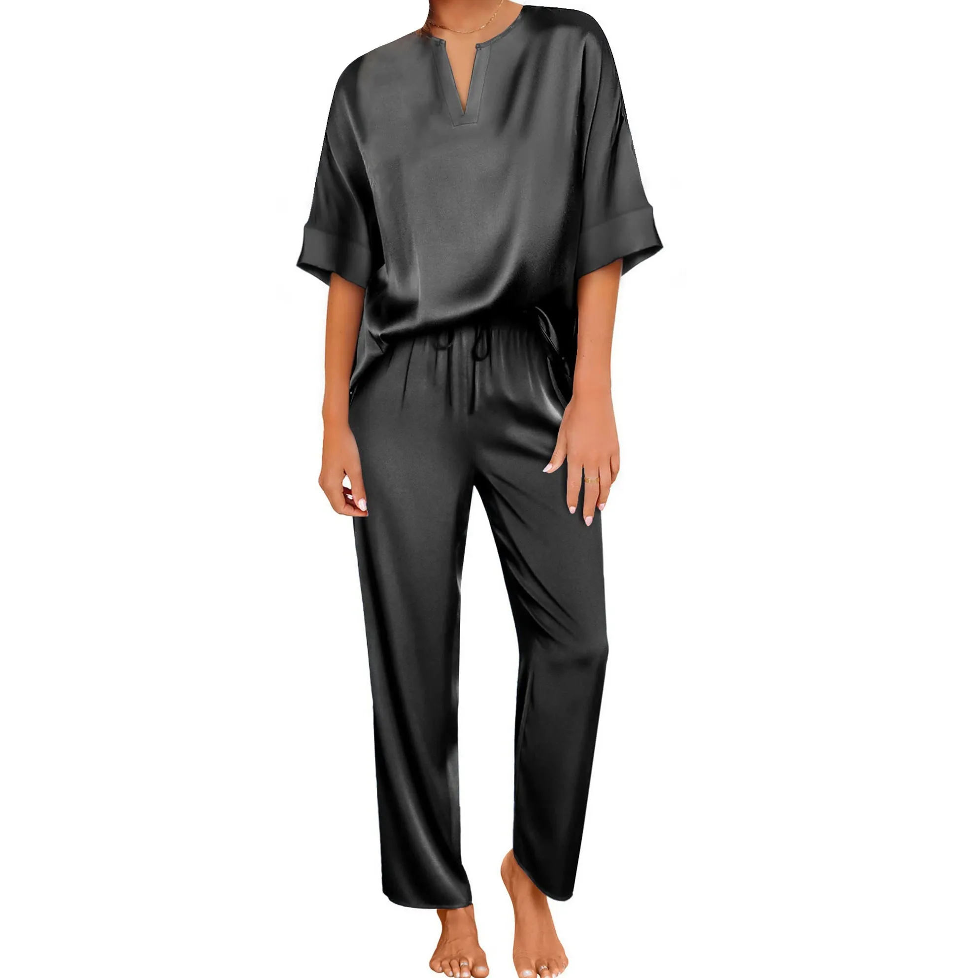 V-Neck Cami  Long Set Silk Pajamas  Silk  Sleepwear For Women