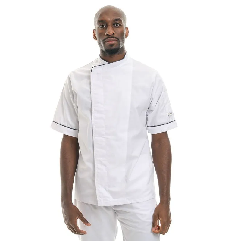 White Breathable Kitchen Coat with Black or Gray Piping - MANELLI