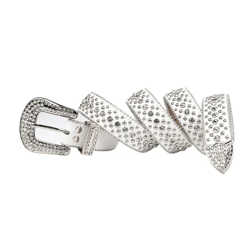 White Strap With Crystal & Metal Studded Rhinestone Belt