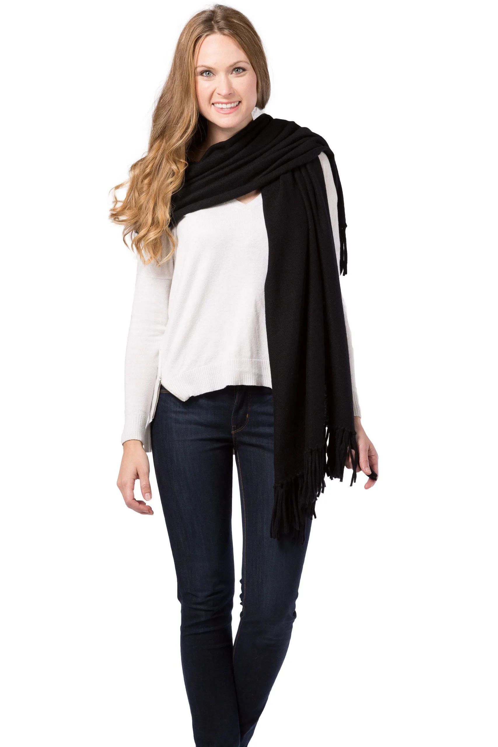 Women's 100% Pure Cashmere Knit Shawl Wrap with Fringe and Gift Box