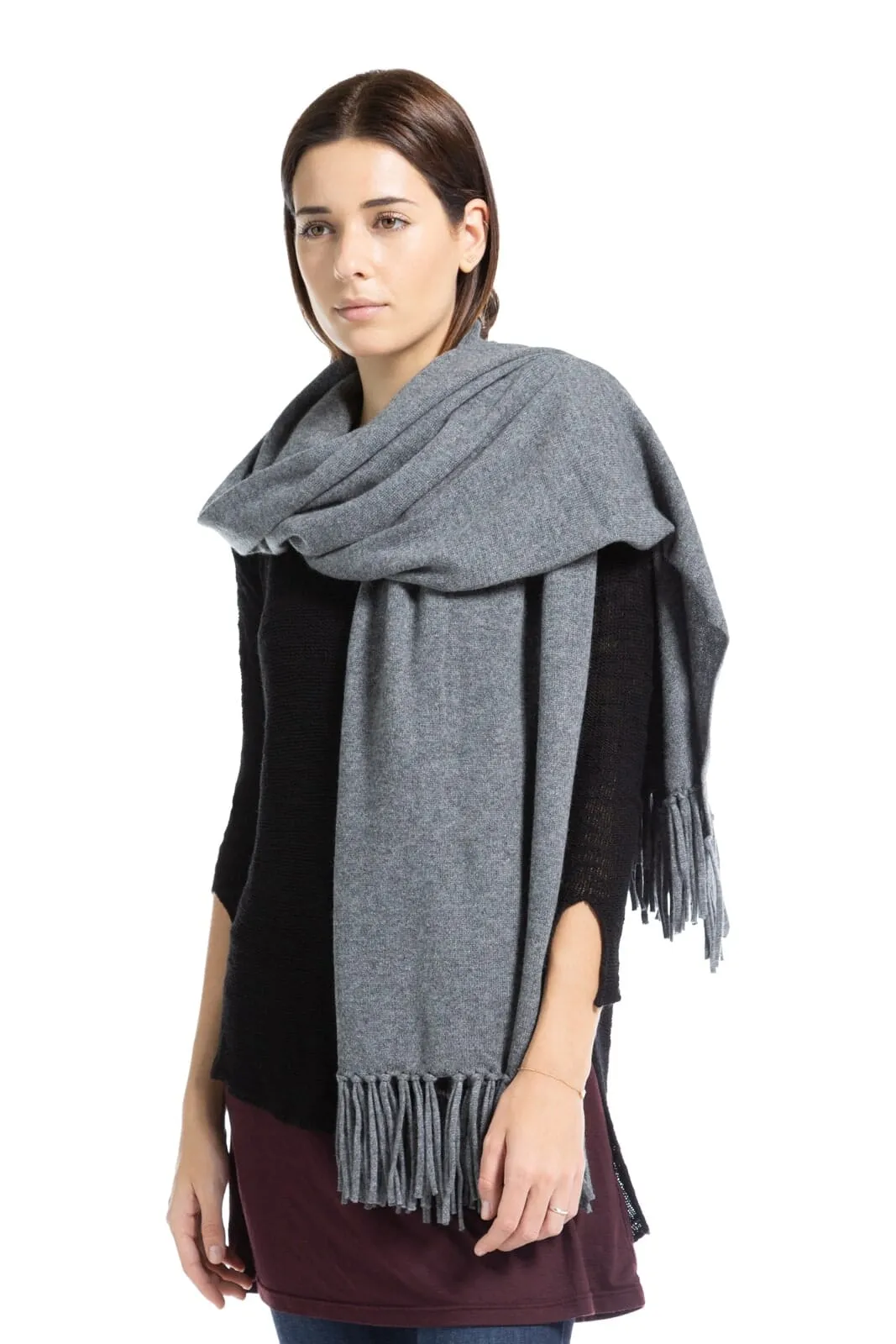 Women's 100% Pure Cashmere Knit Shawl Wrap with Fringe and Gift Box