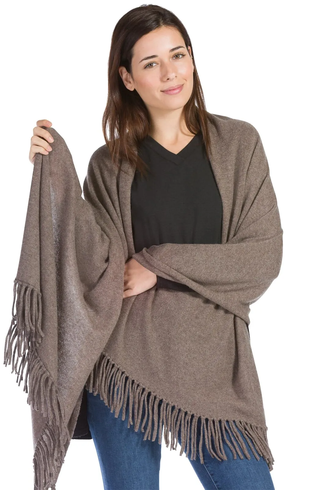 Women's 100% Pure Cashmere Knit Shawl Wrap with Fringe and Gift Box