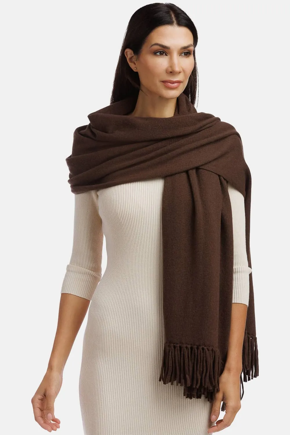 Women's 100% Pure Cashmere Knit Shawl Wrap with Fringe and Gift Box