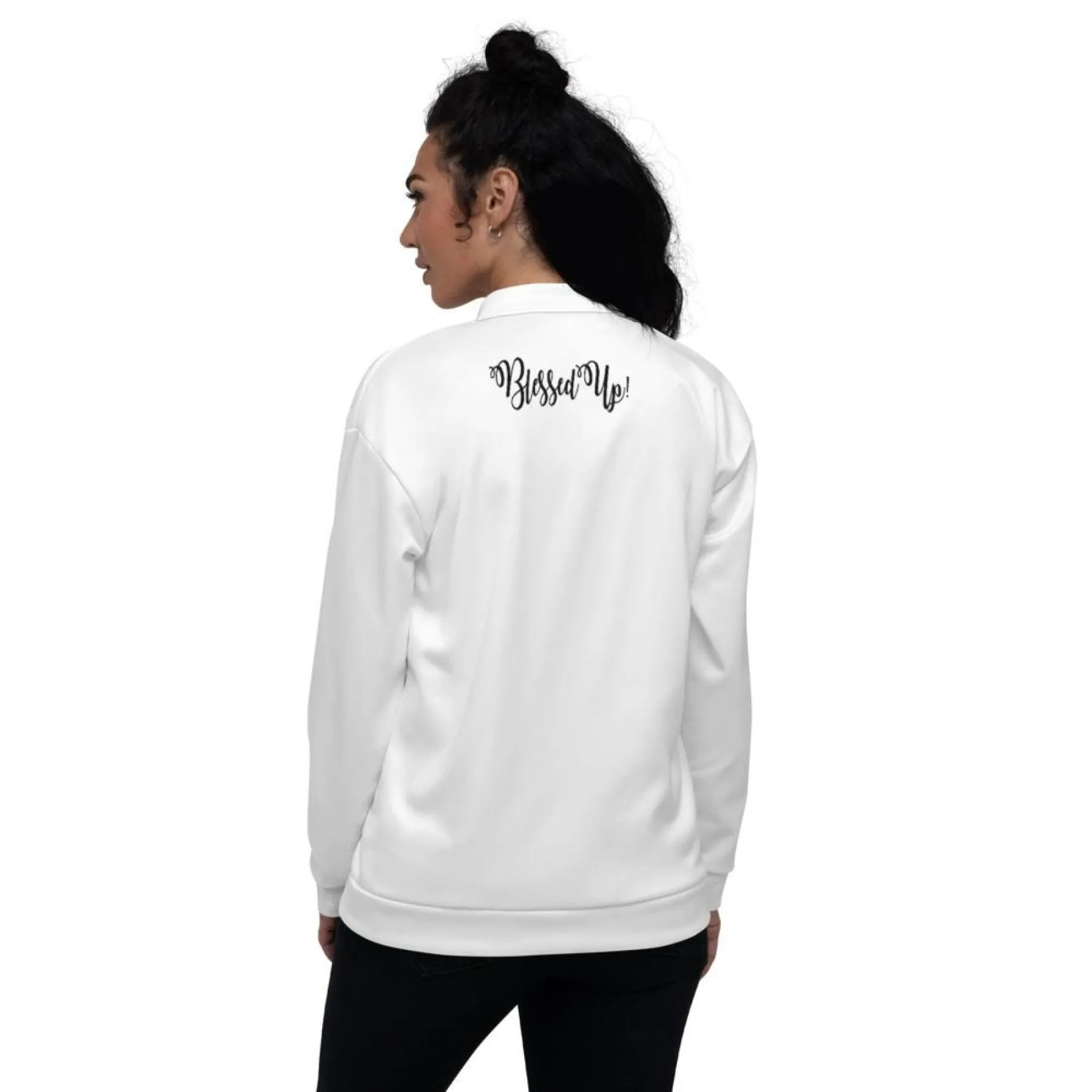 Womens Jackets, Blessed Up Graphic Text Bomber Jacket