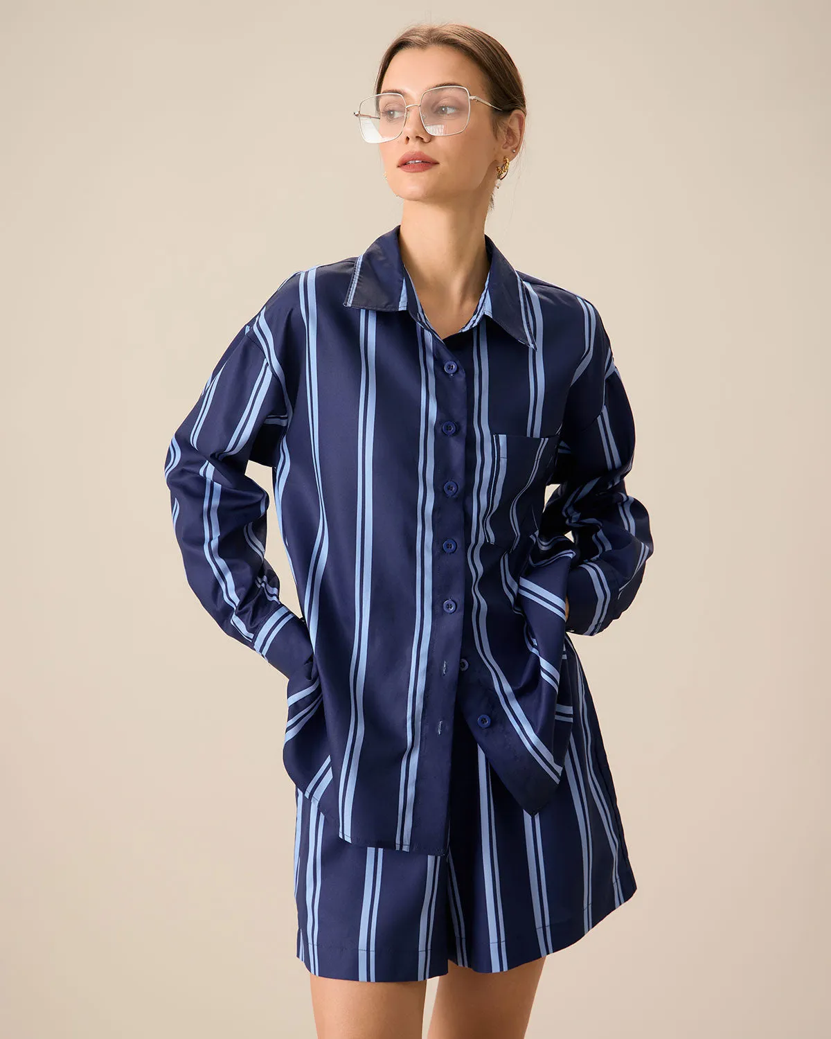 Women's Navy Striped Pocket Shirt