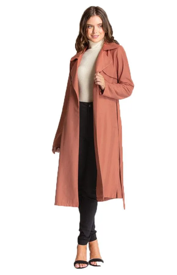 Women's Terracotta Collared Long Trench Jacket with Belt Feature