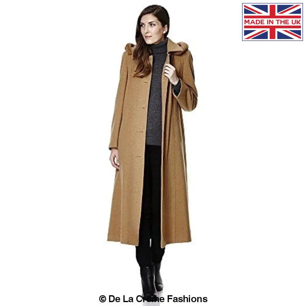 Wool Blend Faux Fur Trim Hooded Long Coat