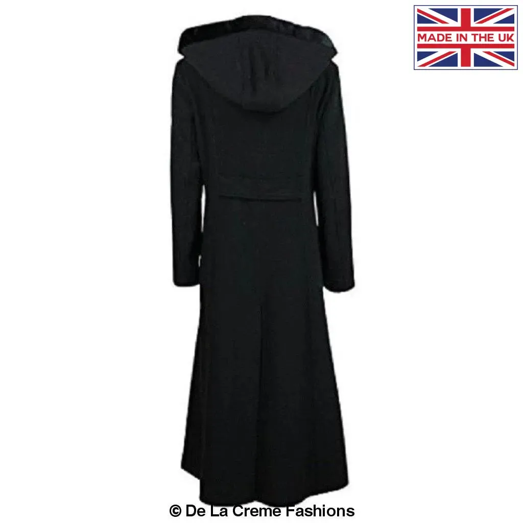 Wool Blend Faux Fur Trim Hooded Long Coat