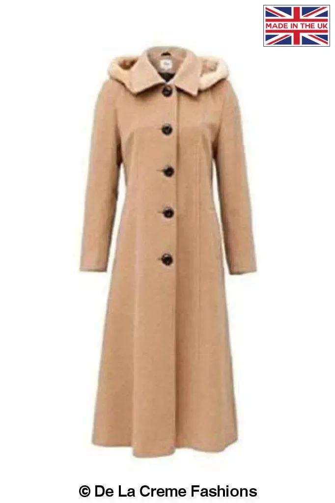 Wool Blend Faux Fur Trim Hooded Long Coat