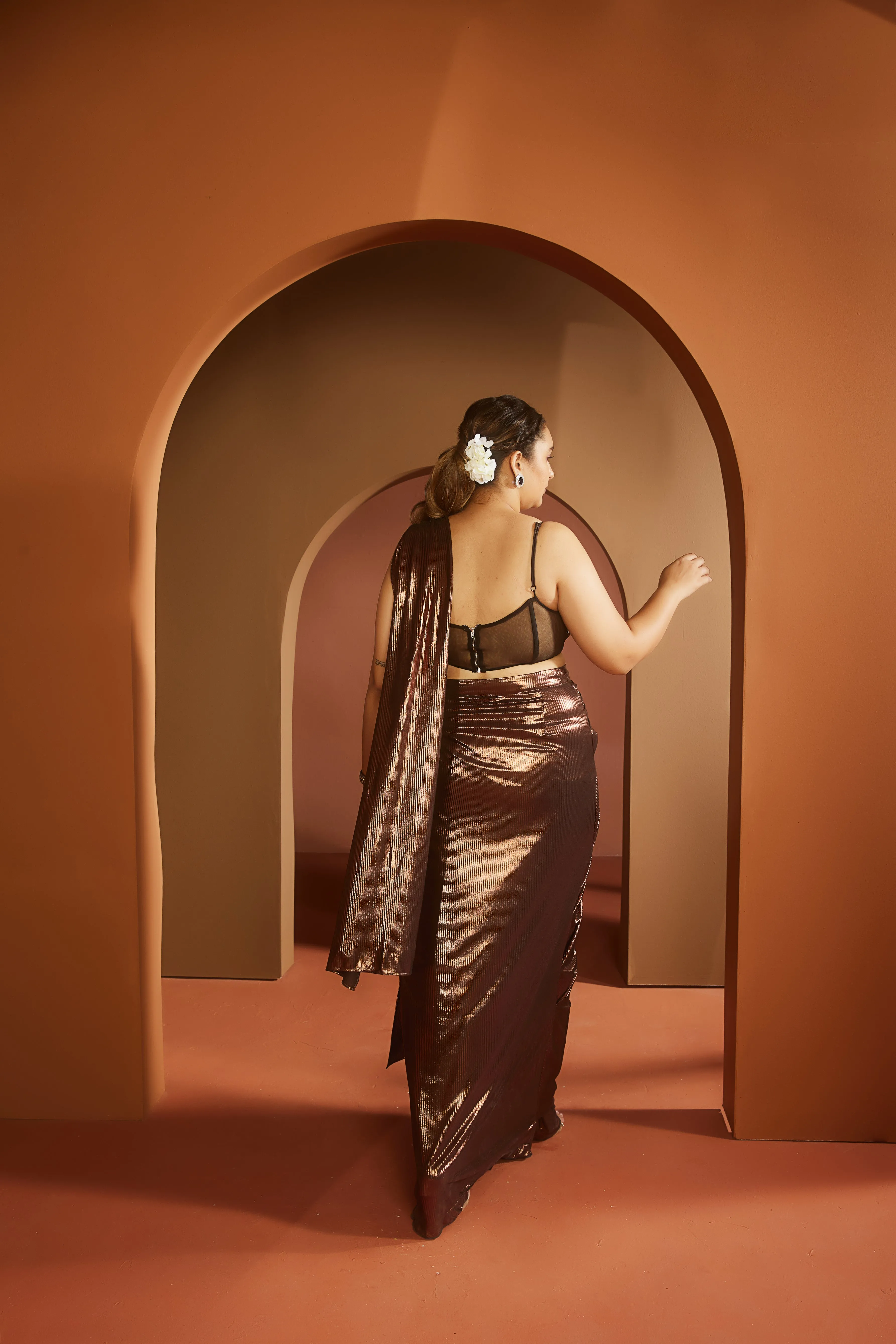 Zara Brown Metallic Pre-Draped Saree Set