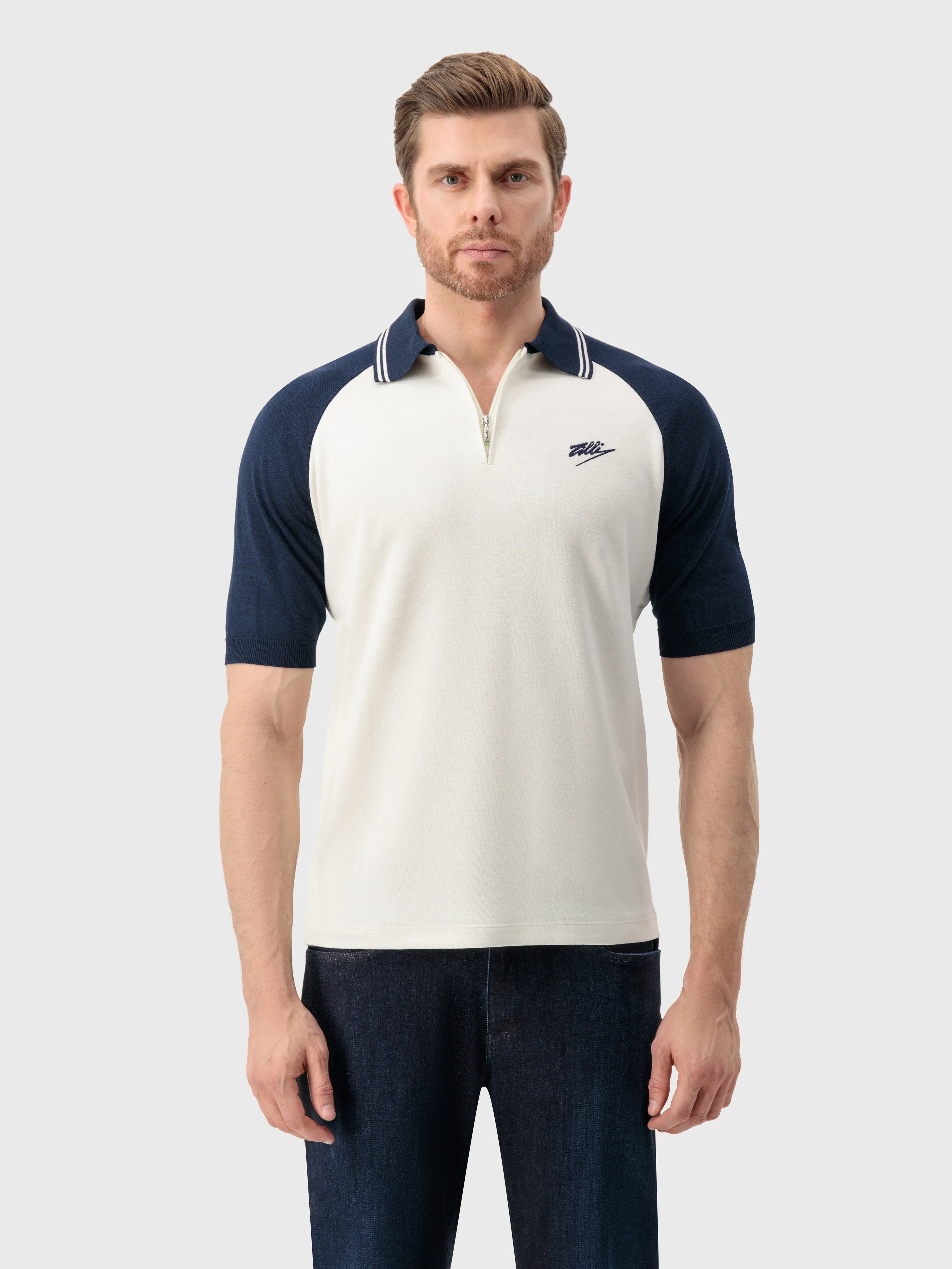 Zipped Polo Shirt in Cotton and Silk