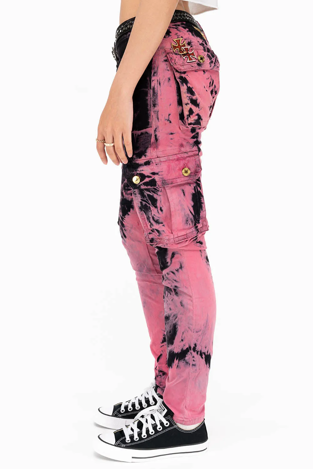 ZIPPER-MILITARY STYLE WOMENS CARGO PANTS IN TIE DYE PINK