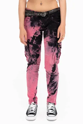 ZIPPER-MILITARY STYLE WOMENS CARGO PANTS IN TIE DYE PINK