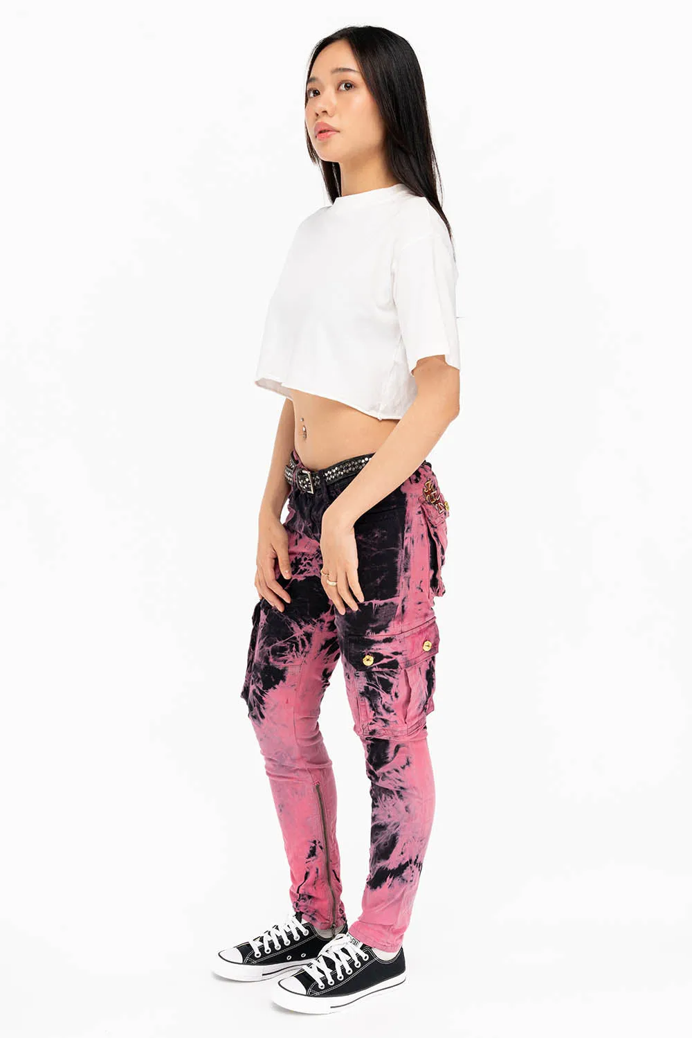 ZIPPER-MILITARY STYLE WOMENS CARGO PANTS IN TIE DYE PINK